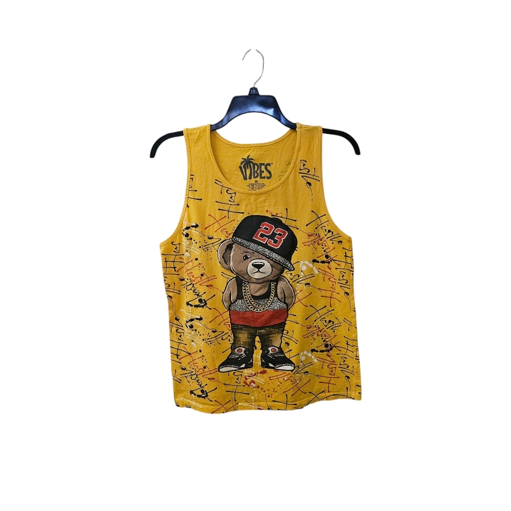 Vibes Yellow Graphic Gangster Bear Tank Top Men's Medium Streetwear